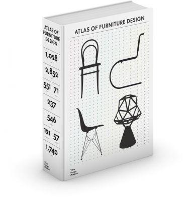 Buch "Atlas des Möbeldesigns" (Vitra) mit englischem Text. Möbeldesign-Buch mit Stuhl-Illustrationen auf dem Cover.